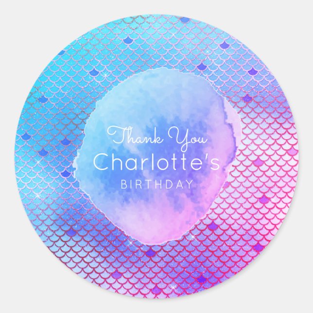Mermaid Scales Thank You Birthday Party Favour Classic Round Sticker (Front)