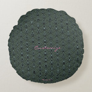 mermaid scales Thunder_Cove grey black Round Pillow