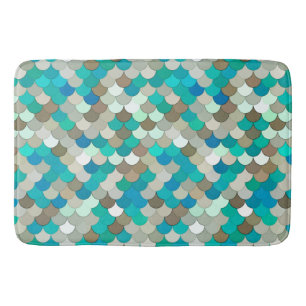 Mermaid Scales, Turquoise, Aqua, Taupe, & Cream Bath Mat