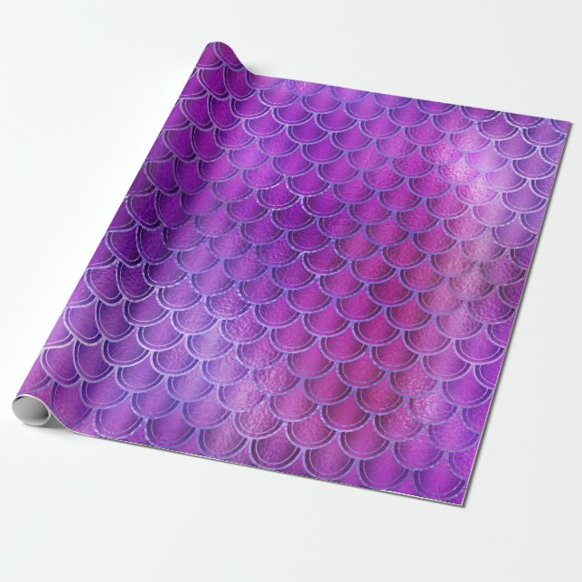 Mermaid Scales Unicorn Metallic Blue Fuchsia Pink Wrapping Paper (Unrolled)
