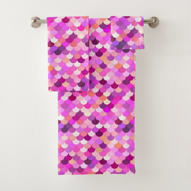 Mermaid Scales, Violet, Amethyst, and  Coral  Bath Towel Set (Insitu)