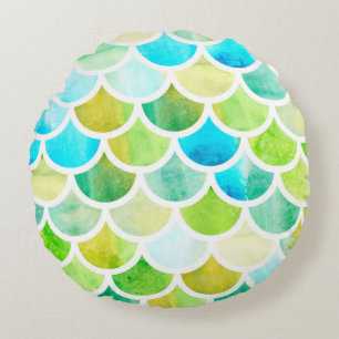 Mermaid scales. Watercolor fish scales. Bright sum Round Pillow