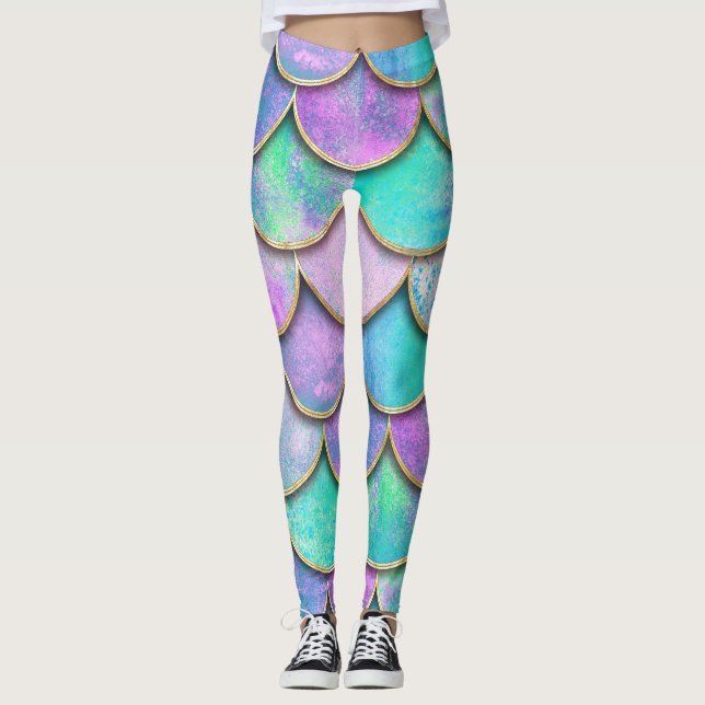 Mermaid scales: watercolor wave pattern. leggings (Front)