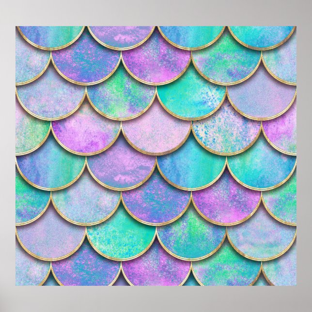 Mermaid scales: watercolor wave pattern. poster (Front)