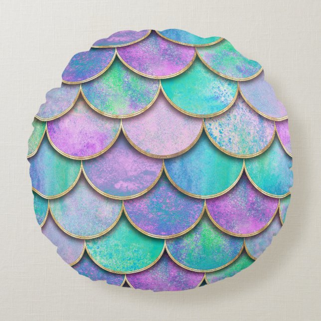 Mermaid scales: watercolor wave pattern. round pillow (Front)