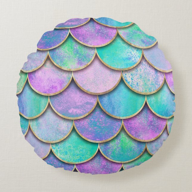 Mermaid scales: watercolor wave pattern. round pillow (Front)