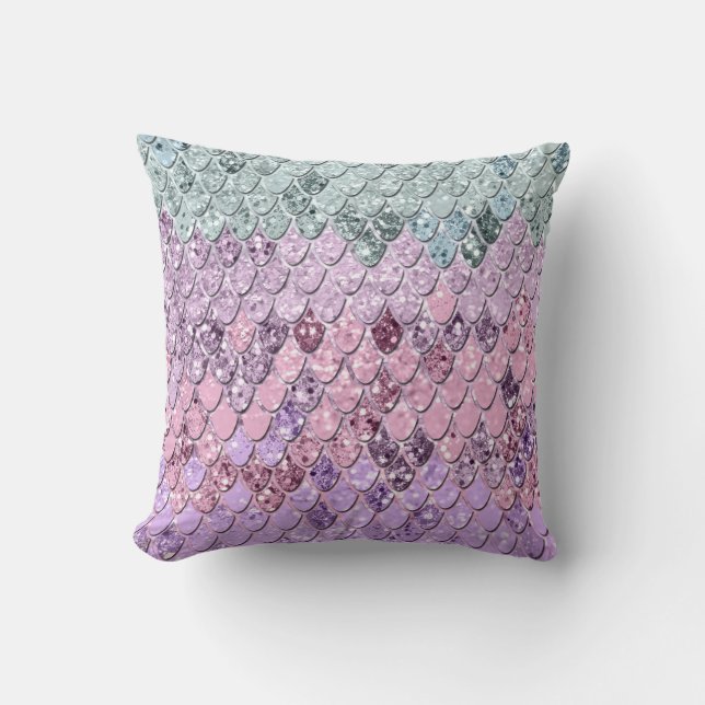 Mermaid Scales with Unicorn Girls Glitter #4 Throw Pillow (Front)