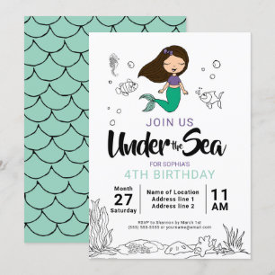 Mermaid Sea Creature Party Black Mermaid Cartoon Invitation
