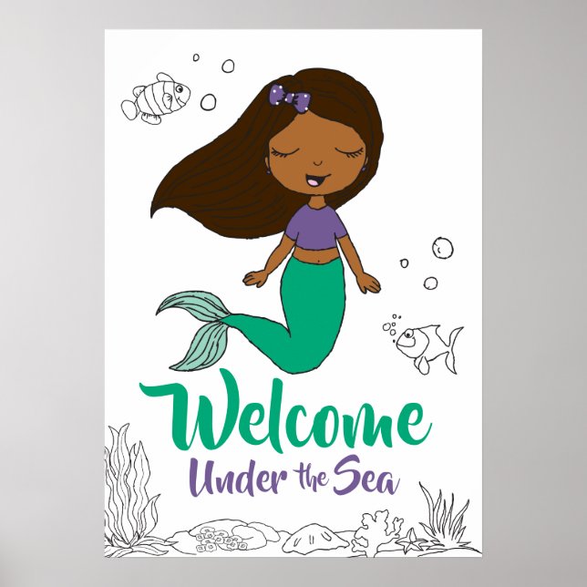 Mermaid Sea Creature Party Black Mermaid Cartoon Poster (Front)