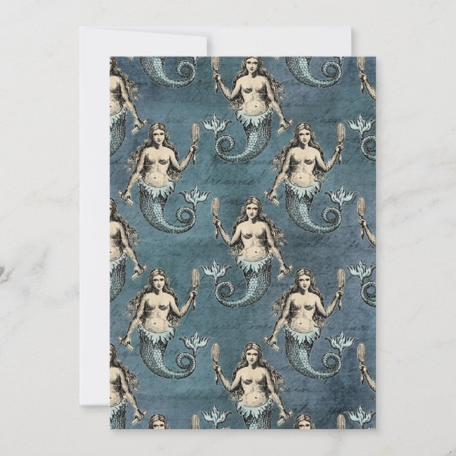 Mermaid Sea Creatures Ocean Blue Colour Handwritte Invitation (Front)