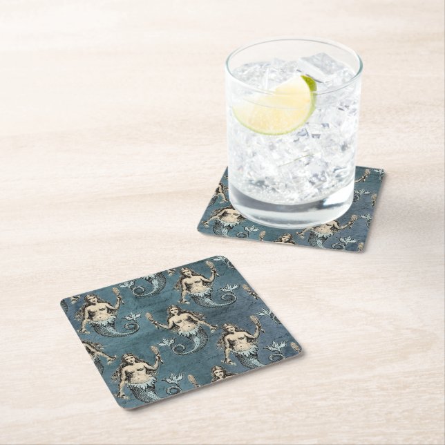 Mermaid Sea Creatures Ocean Blue Colour Handwritte Square Paper Coaster (Insitu)