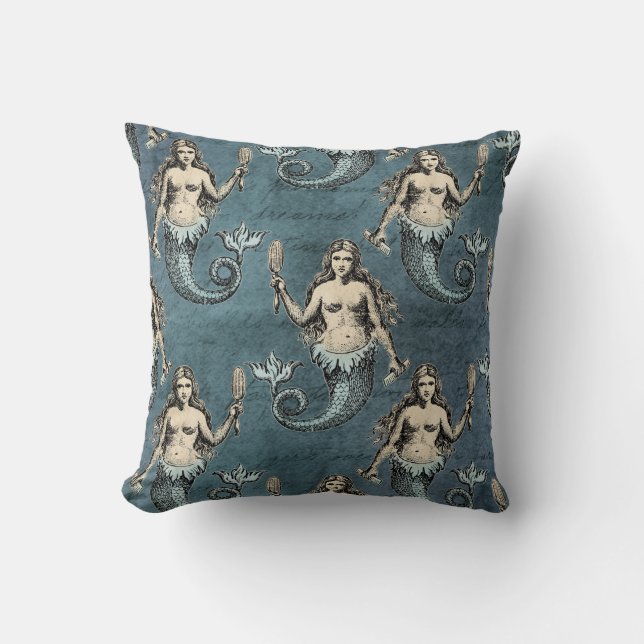 Mermaid Sea Creatures Ocean Blue Colour Handwritte Throw Pillow (Front)