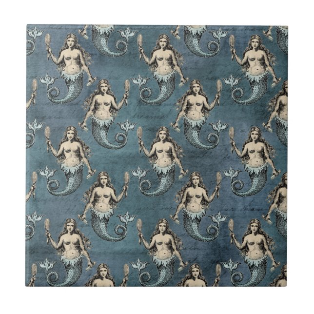 Mermaid Sea Creatures Ocean Blue Colour Handwritte Tile (Front)