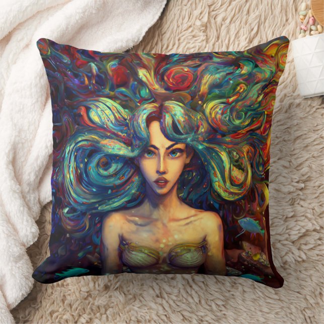 Mermaid Sea Goddess Nymph Siren Underwater Art Throw Pillow (Blanket)