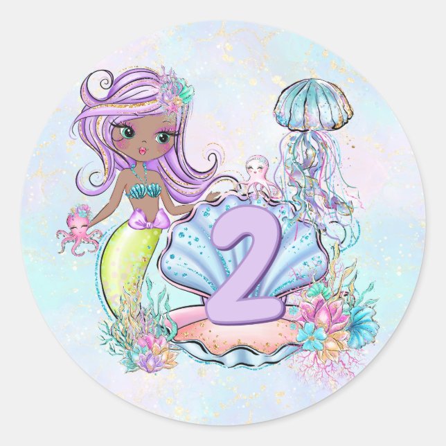 Mermaid Sea Life | Birthday Party with Custom Age Classic Round Sticker (Front)