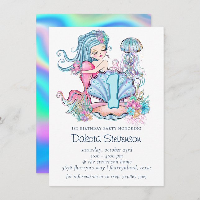 Mermaid Sea Life | Birthday Party with Custom Age Invitation (Front/Back)