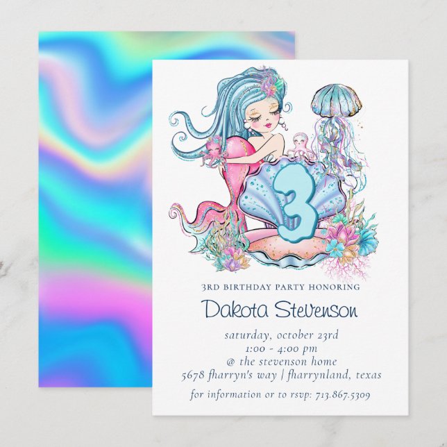 Mermaid Sea Life | Birthday Party with Custom Age Invitation (Front/Back)