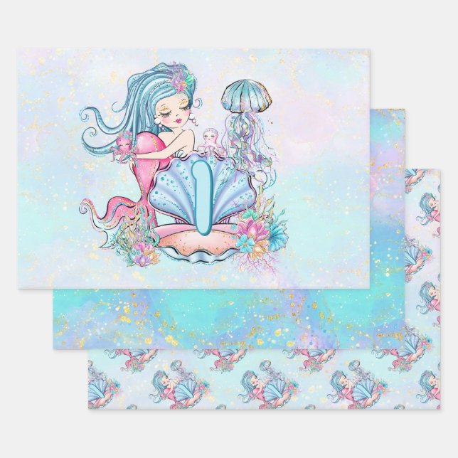 Mermaid Sea Life | Birthday Party with Custom Age Wrapping Paper Sheet (Set)