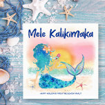 Mermaid Sea | Mele Kalikimaka Tropical Beach Holiday Card<br><div class="desc">Whimsical,  sea themed Christmas card features a watercolor mermaid lounging on the beach,  enjoying the sunset and a tropical drink with a "Mele Kalikimaka" caption in violet blue brushstroke style lettering. Personalize the second line of text with a greeting of your own and your name(s). Art by KL Stock</div>