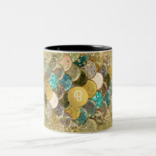 Mermaid Sea Scales Beachy Glam Custom Monogram Two-Tone Coffee Mug