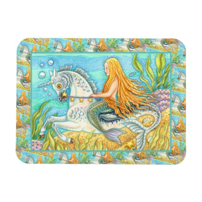 MERMAID & SEA STALLION, WHIMSICAL FANTASY UNICORN MAGNET (Horizontal)