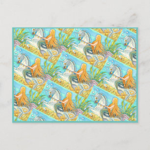 MERMAID & SEA STALLION, WHIMSICAL FANTASY UNICORN POSTCARD