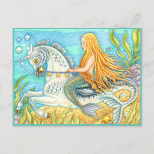 MERMAID & SEA STALLION, WHIMSICAL FANTASY UNICORN POSTCARD