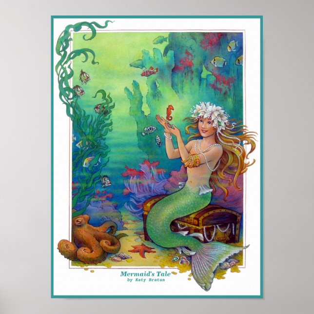 Mermaid, Seahorse, and Octopus Original Art Poster (Front)