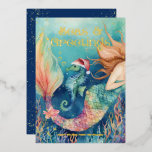 🧜‍♀️ Mermaid & Seahorse Beach Christmas Foil Holiday Card<br><div class="desc">Send a splash of holiday cheer with this “Seas & Greetings” flat gold foil Christmas card! Featuring a festive mermaid and her cute seahorse friend donning a Santa hat 🎅, this whimsical design brings a beachy twist to the season. Set against an under the sea background, this cheerful card captures...</div>