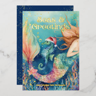 🧜‍♀️ Mermaid & Seahorse Beach Christmas Foil Holiday Card