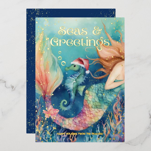 🧜‍♀️ Mermaid & Seahorse Beach Christmas Foil Holiday Card (Front/Back)