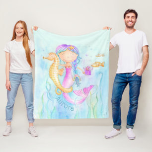 Mermaid seahorse whimsy watercolor custom name fleece blanket