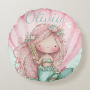Mermaid Seashell Lovers Name Round Pillow
