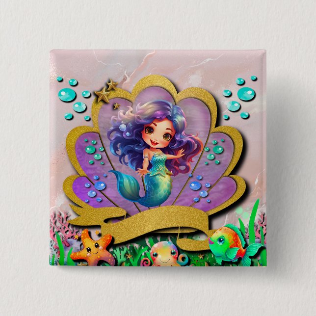 Mermaid, Seashell, Sea Animals Friends, Coral Reef 2 Inch Square Button (Front)