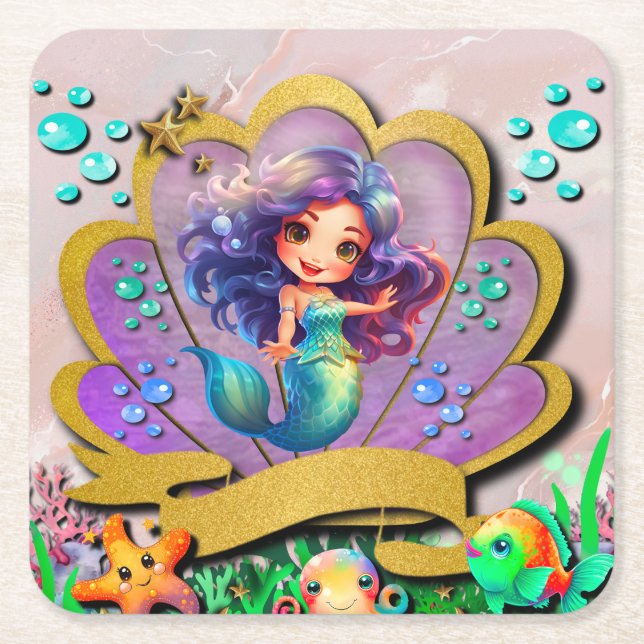 Mermaid, Seashell, Sea Animals Friends, Coral Reef Square Paper Coaster (Front)