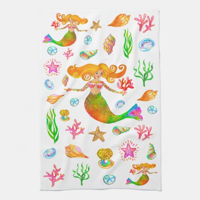 Mermaid & Seashells Beach Vibe Kitchen Towel (Vertical)