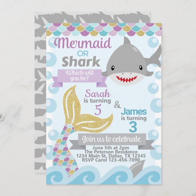 Mermaid Shark Birthday Party Invitation Invite (Front/Back)