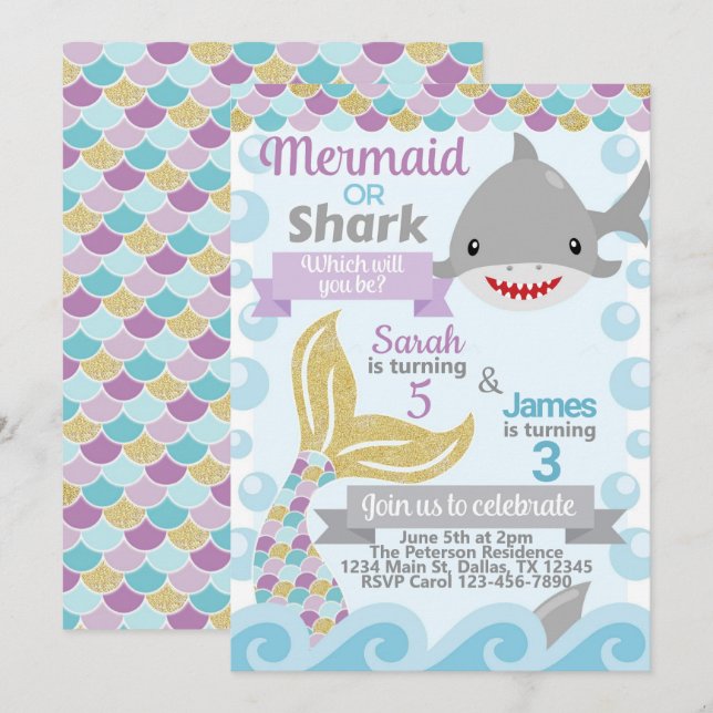 Mermaid Shark Birthday Party Invitation Invite (Front/Back)