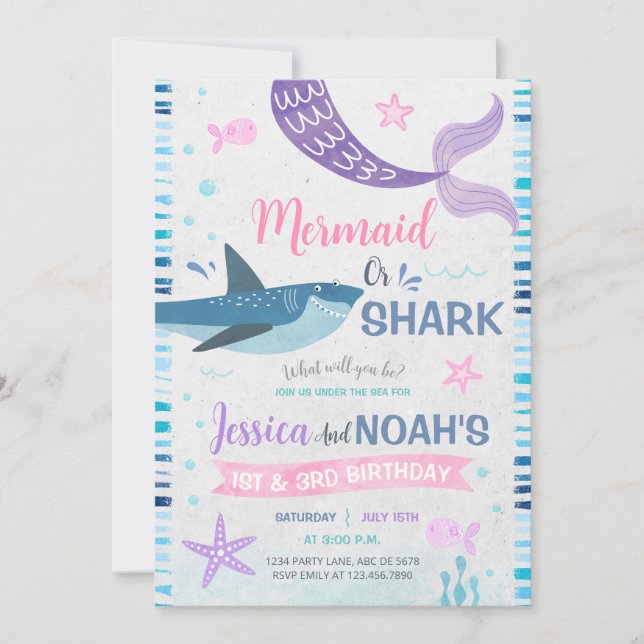 Mermaid & Shark Joint Birthday  Invitation (Front)