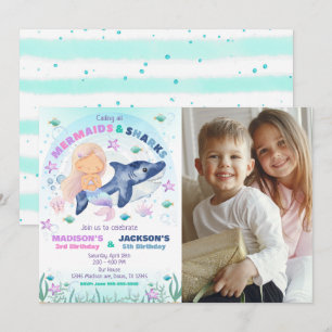 Mermaid &  Shark Photo Under the Sea Birthday  Invitation