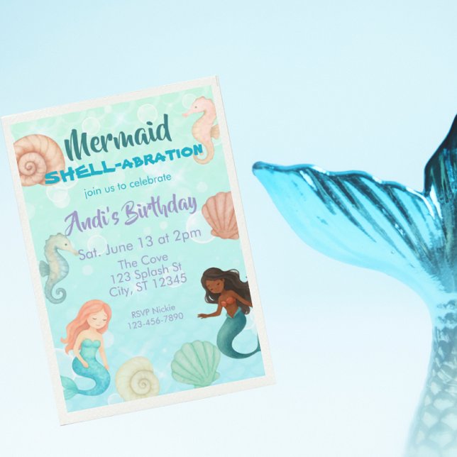 Mermaid SHELL-abration, Watercolor Birthday Invitation (Creator Uploaded)