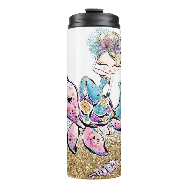 *~*  Mermaid Shells Monogram Glitter Sea Turtle Thermal Tumbler (Front)