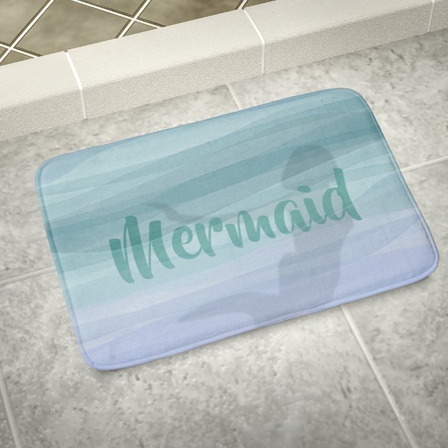 Mermaid Silhouette Aqua Blue Ocean Custom Bath Mat (Watercolor waves, a mermaid silhouette and your name. Perfect bath mat just for you)