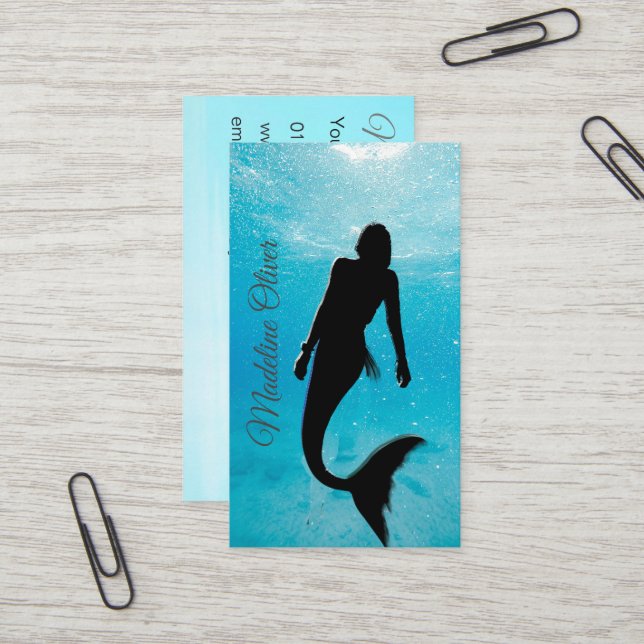 Mermaid Silhouette Blue Ocean QR Code Professional Business Card (Front/Back In Situ)