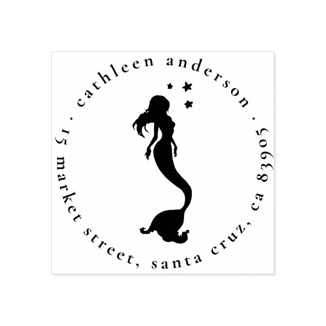 Mermaid Silhouette Round Name & Return Address Rubber Stamp (Imprint)