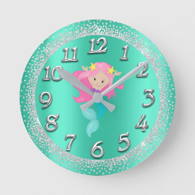 Mermaid Silver Aqua Crystals Confetti Glitter Pink Round Clock (Front)