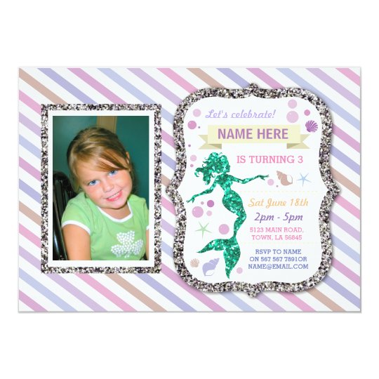 Mermaid Silver Glitter Purple Stripe Invitation