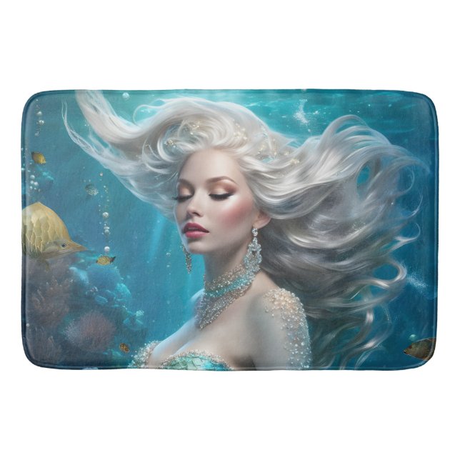 Mermaid Silver Hair Turquoise Ocean Bath Mat (Front)