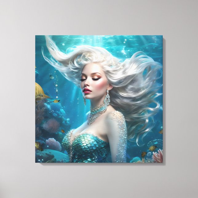 Mermaid Silver Hair Turquoise Ocean Canvas Print (Front)