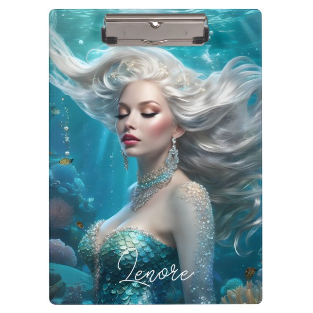 Mermaid Silver Hair Turquoise Ocean Clipboard (Front)